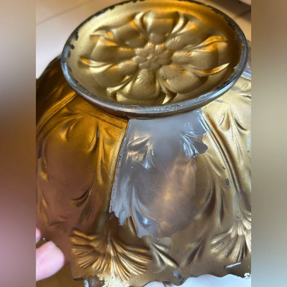 Antique Goofus Glass Bowl Red Carnation Gold Scalloped Intaglio Floral Dish MCM